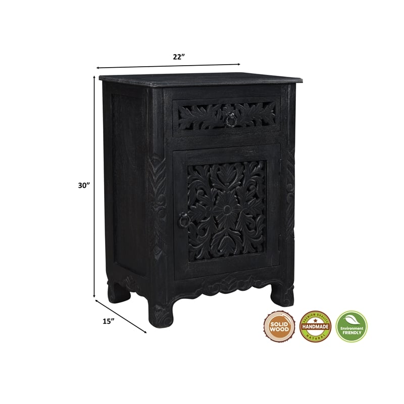 Monte Black Floral Carved Solid Wood Mango 5-Piece King Bedroom Set