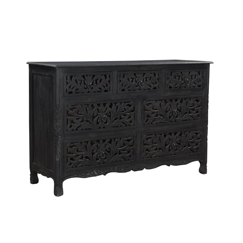 Monte Black Floral Carved Solid Wood Mango 5-Piece King Bedroom Set