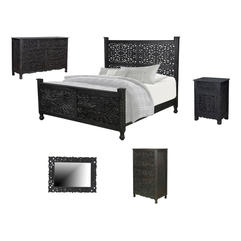 Monte Black Floral Carved Solid Wood Mango 5-Piece King Bedroom Set