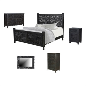 Monte Black Floral Carved Solid Wood Mango 5-Piece King Bedroom Set