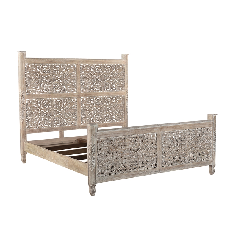 Monte Gray Floral Carved Solid Wood Mango 5-Piece King Bedroom Set