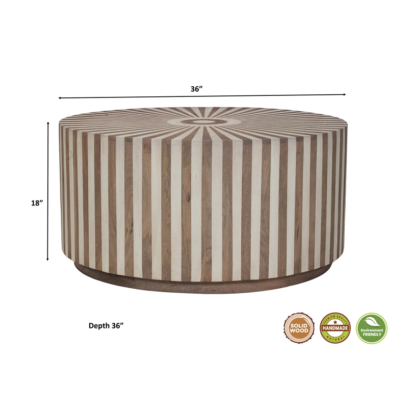 Lark Brown Round Solid Wood Mango Coffee Table with Starburst Inlay Pattern