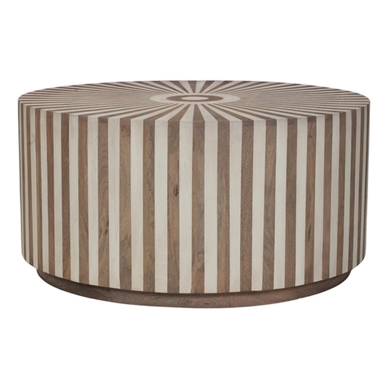 Lark Brown Round Solid Wood Mango Coffee Table with Starburst Inlay Pattern