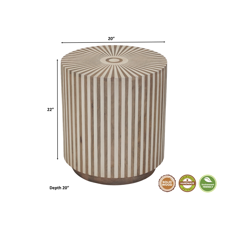 Lark Brown Round Solid Wood Mango End Table with Starburst Inlay Pattern