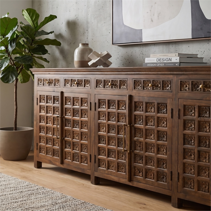 Isabella 6-drawer 6-door Floral Carved Solid Wood Sideboard in Brown