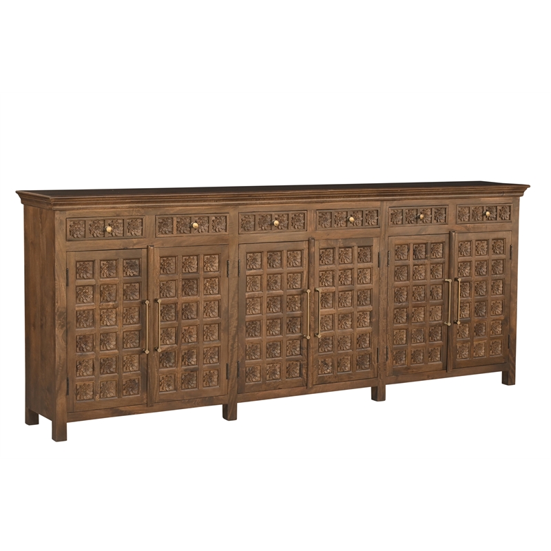 Isabella 6-drawer 6-door Floral Carved Solid Wood Sideboard in Brown