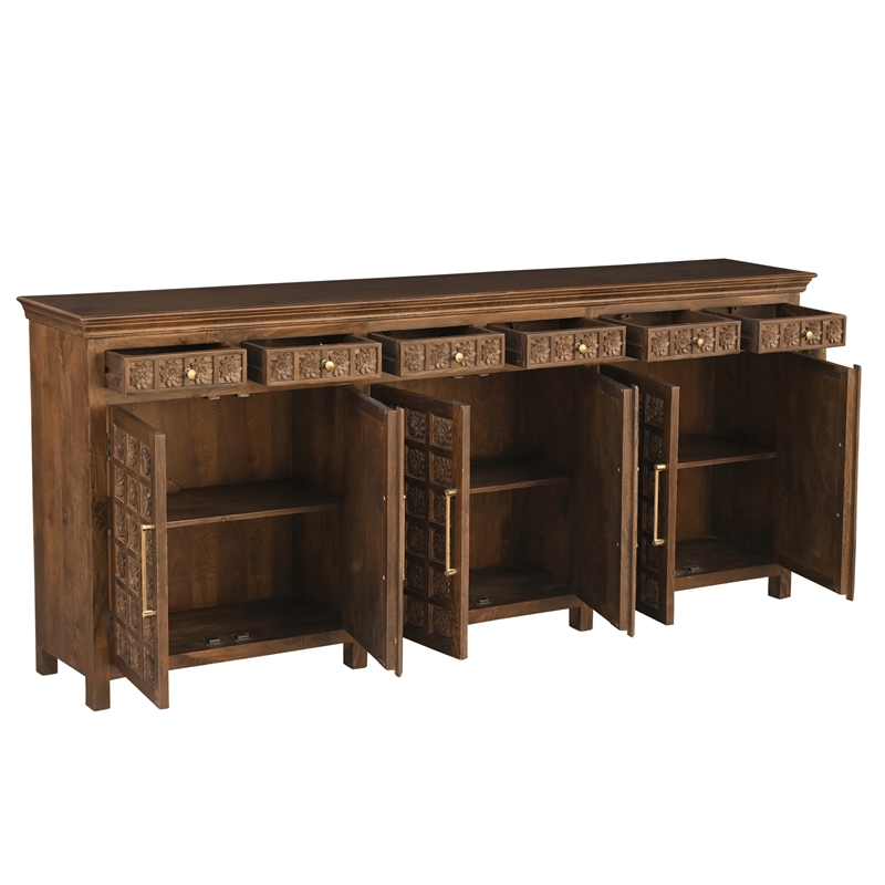 Isabella 6-drawer 6-door Floral Carved Solid Wood Sideboard in Brown