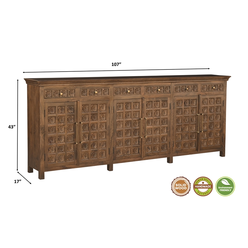 Isabella 6-drawer 6-door Floral Carved Solid Wood Sideboard in Brown