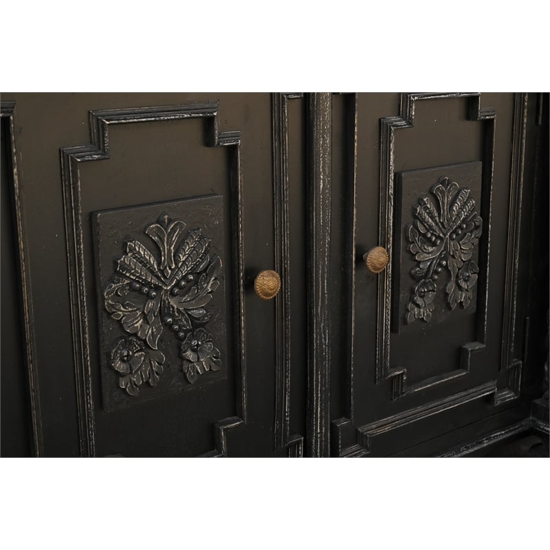 Isabella 4-door Weathered Carved Solid Wood Sideboard in Black