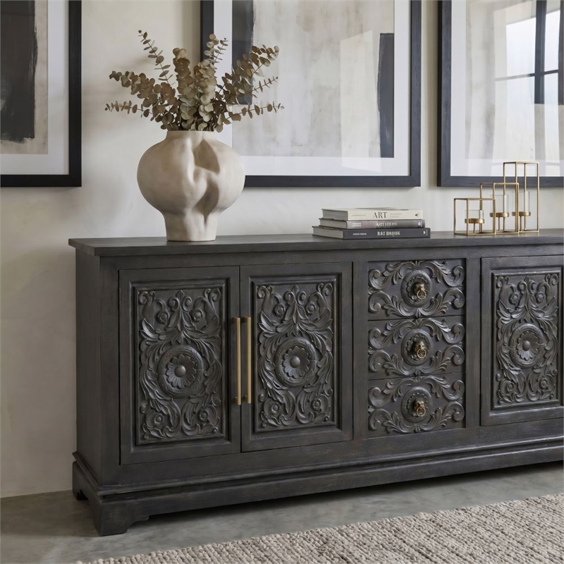 Isabella 3-drawer 4-door Carved Solid Wood Sideboard in Black