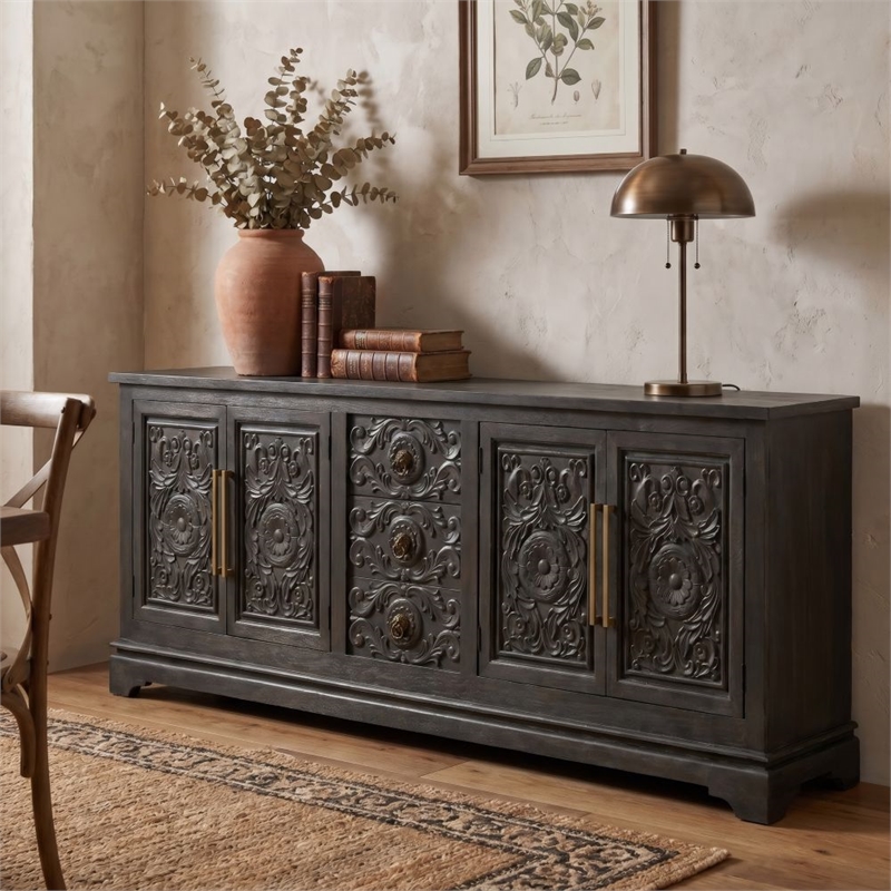 Isabella 3-drawer 4-door Carved Solid Wood Sideboard in Black