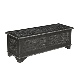 Isabella Solid Wood Storage Ottoman with Geometric Carved Design in Black