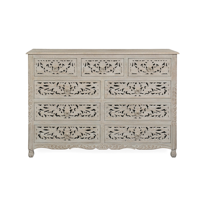 Monte Farmhouse 9-drawer Floral Carved Solid Wood Dresser in White