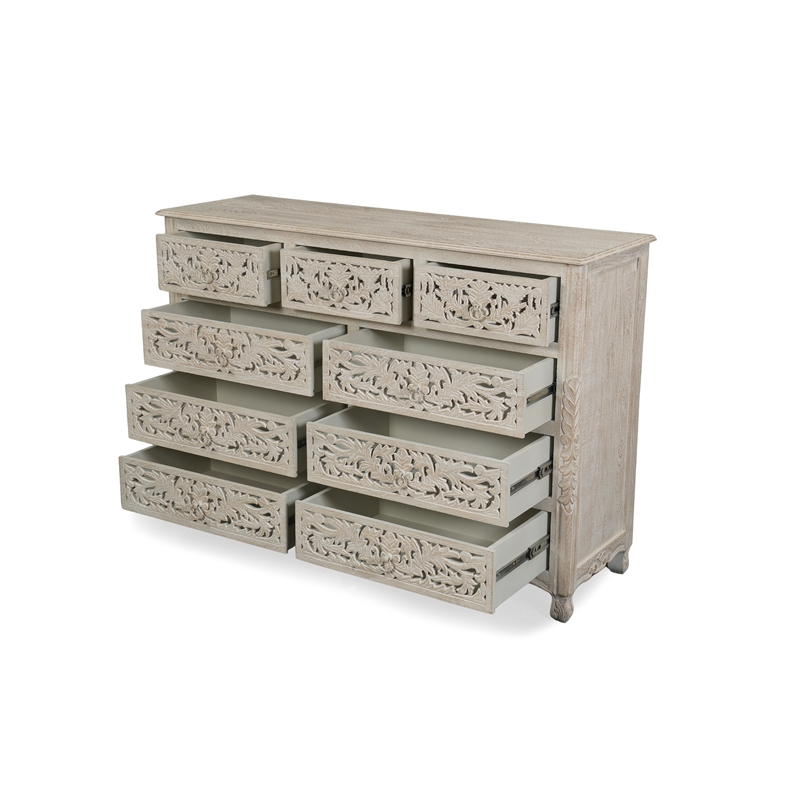 Monte Farmhouse 9-drawer Floral Carved Solid Wood Dresser in White