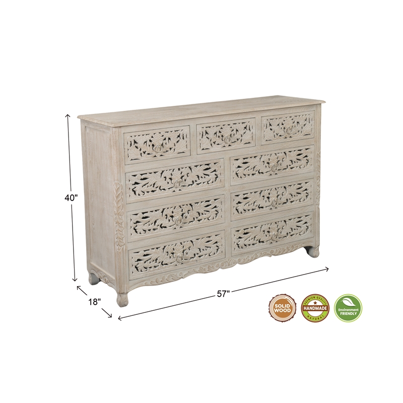 Monte Farmhouse 9-drawer Floral Carved Solid Wood Dresser in White