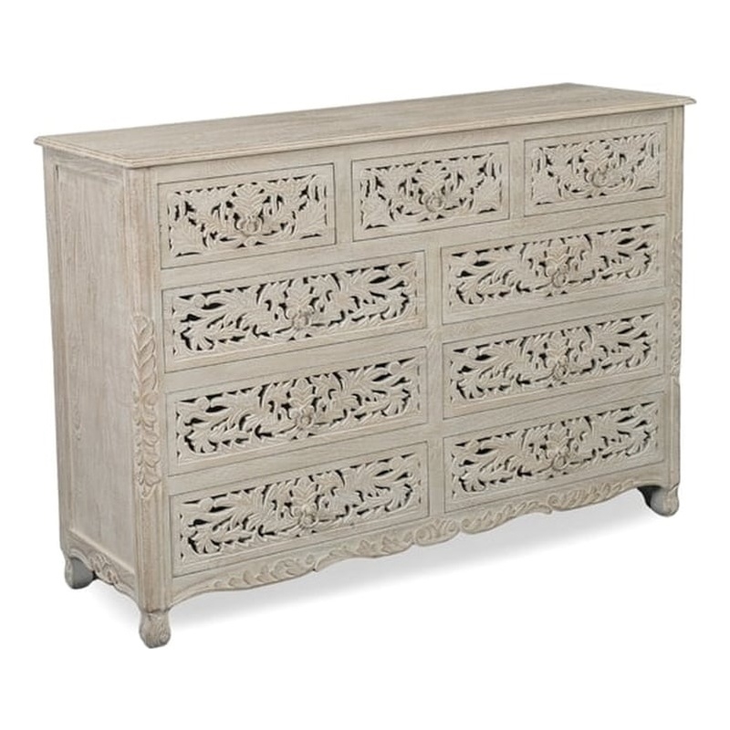 Monte Farmhouse 9-drawer Floral Carved Solid Wood Dresser in White