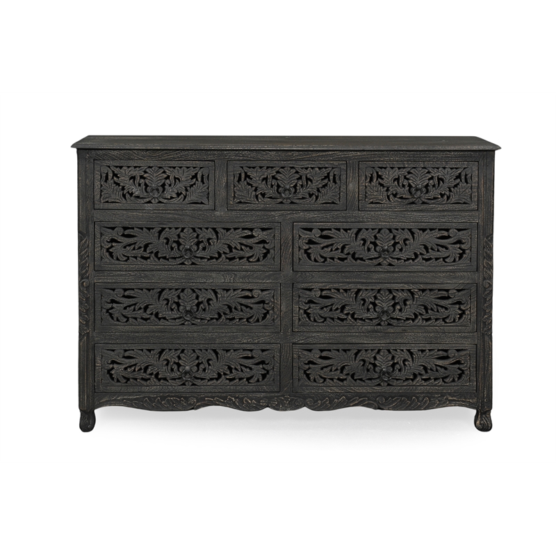 Monte Farmhouse 9-drawer Floral Carved Solid Wood Dresser in Black