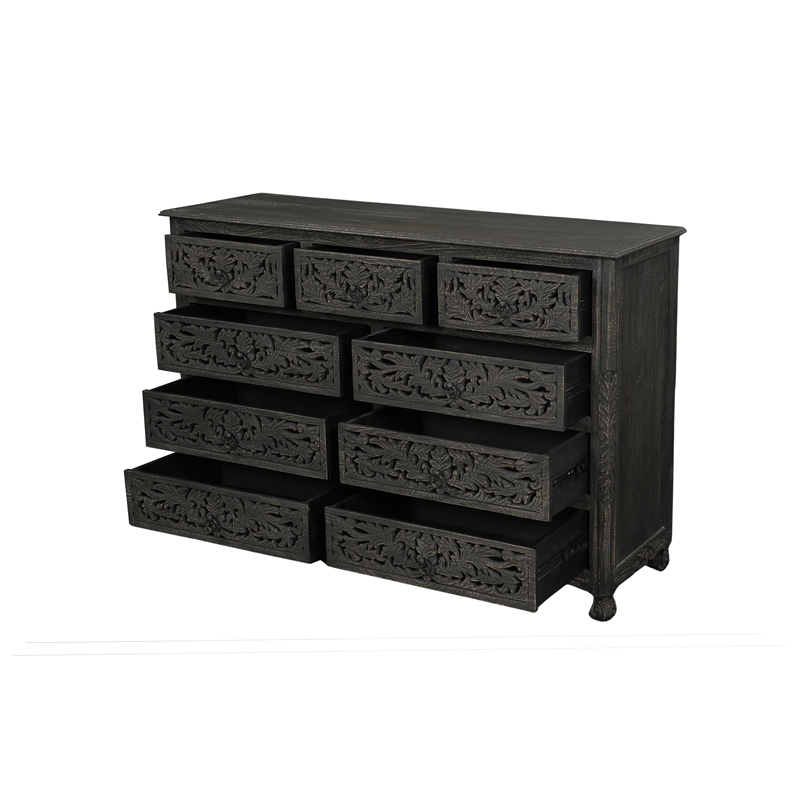 Monte Farmhouse 9-drawer Floral Carved Solid Wood Dresser in Black