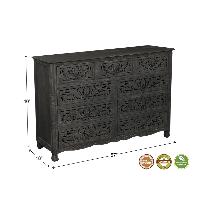 Monte Farmhouse 9-drawer Floral Carved Solid Wood Dresser in Black