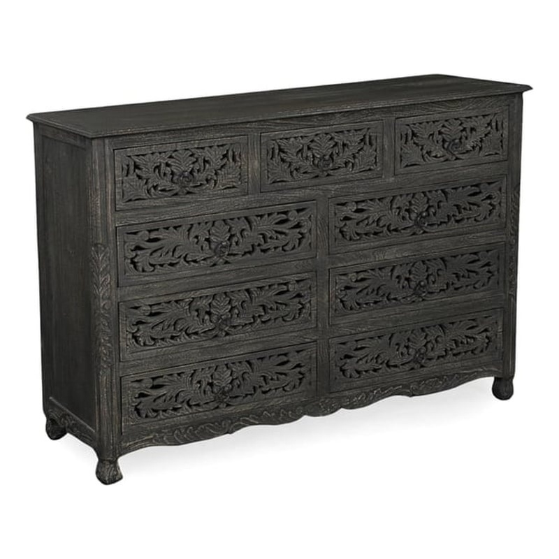 Monte Farmhouse 9-drawer Floral Carved Solid Wood Dresser in Black