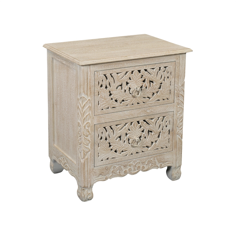 Monte Farmhouse 2-drawer Floral Carved Solid Wood Nightstand in White