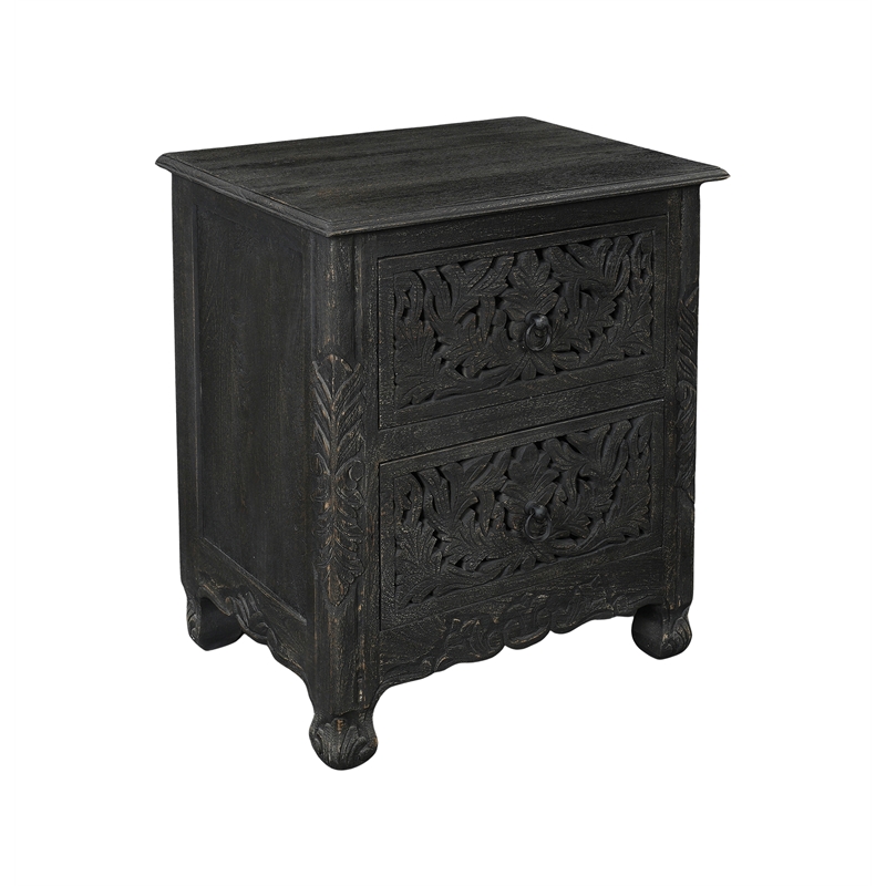 Monte Farmhouse 2-drawer Floral Carved Solid Wood Nightstand in Black