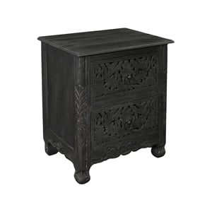 Monte Farmhouse 2-drawer Floral Carved Solid Wood Nightstand in Black