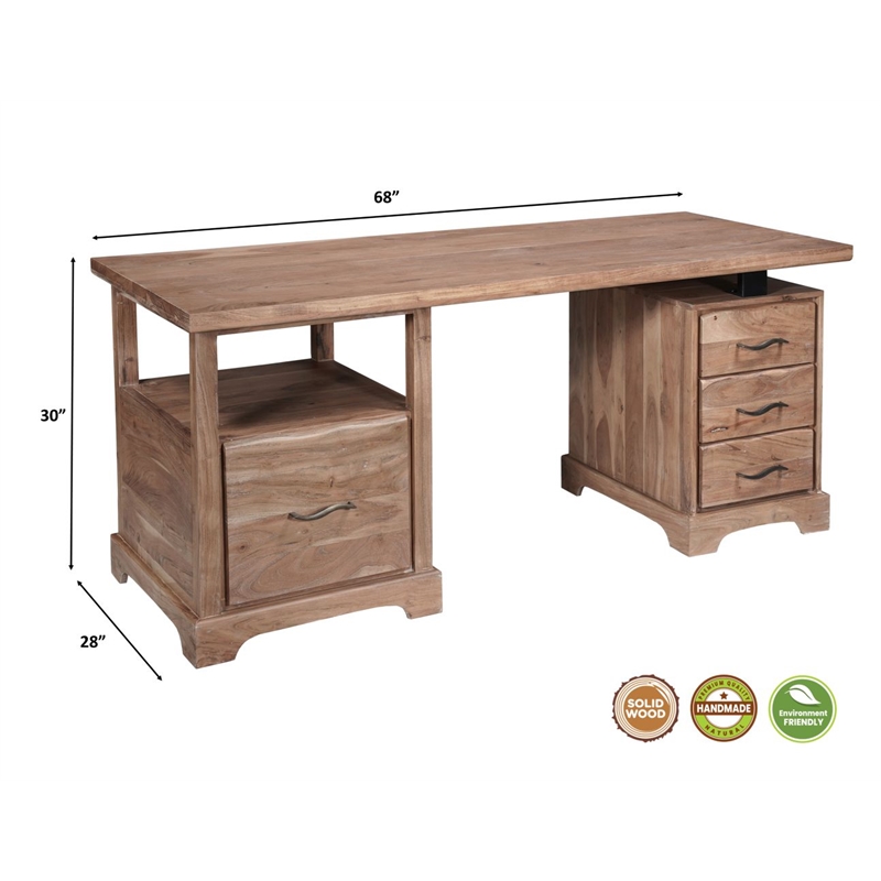 Darcy Solid Wood Writing Desk in Natural 68 Inches Long with Filing Drawer