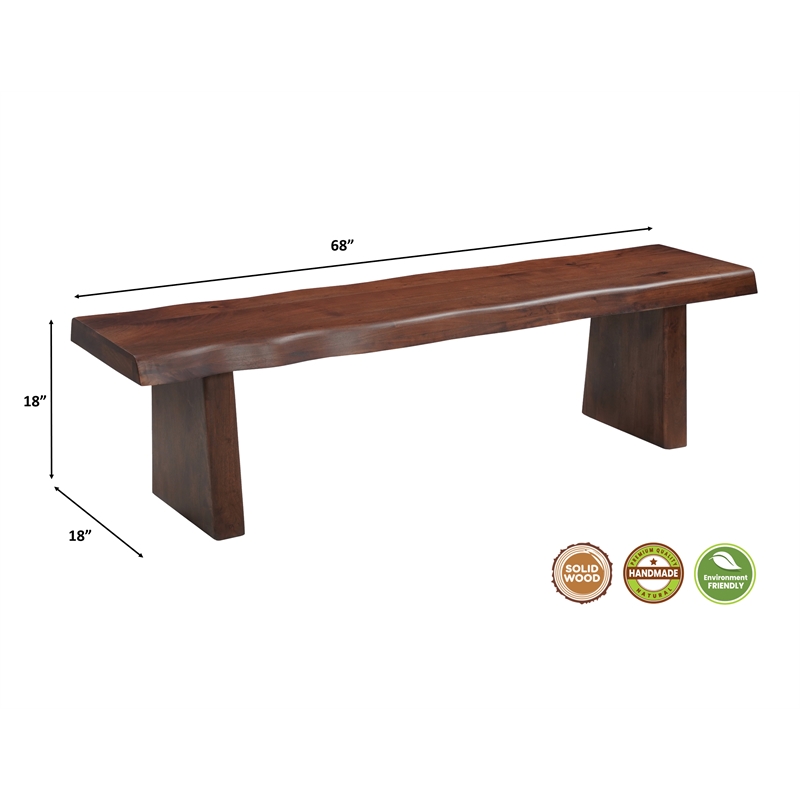 Darcy Live Edge Solid Wood Dining Bench in Dark Brown 68 Inches Long