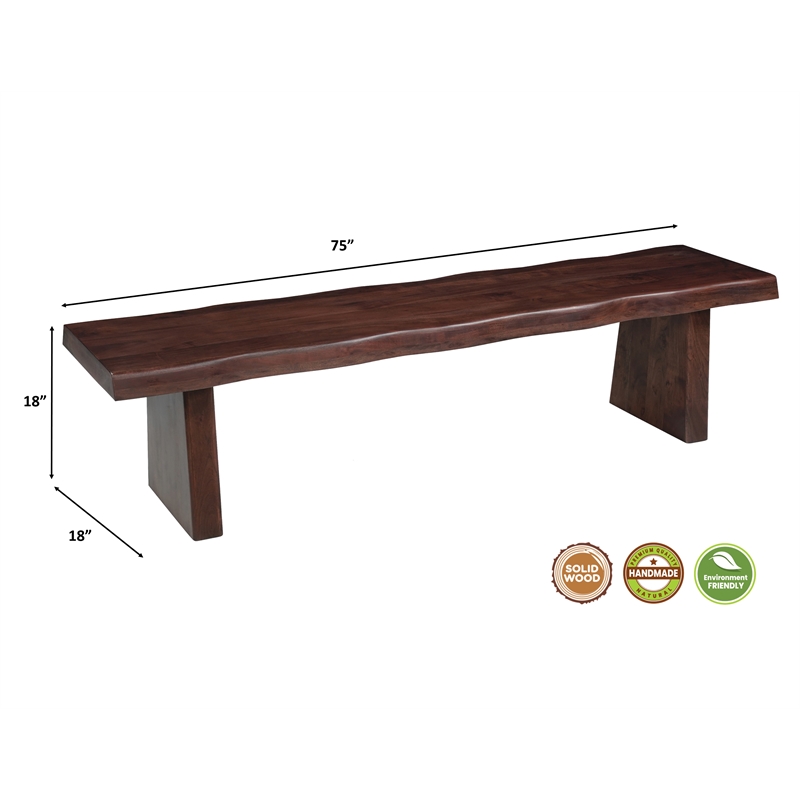 Darcy Live Edge Solid Wood Dining Bench in Dark Brown 75 Inches Long