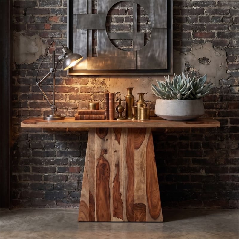 Warren Solid Wood Modern Console Table with Pedestal Base in Medium Brown