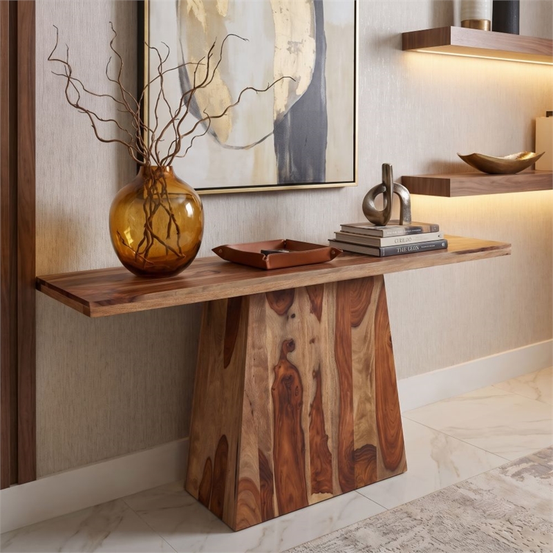 Warren Solid Wood Modern Console Table with Pedestal Base in Medium Brown