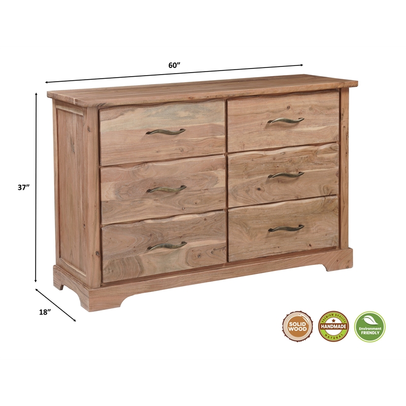Darcy 6-drawer Live Edge Solid Wood Dresser in Natural 60 Inches Long