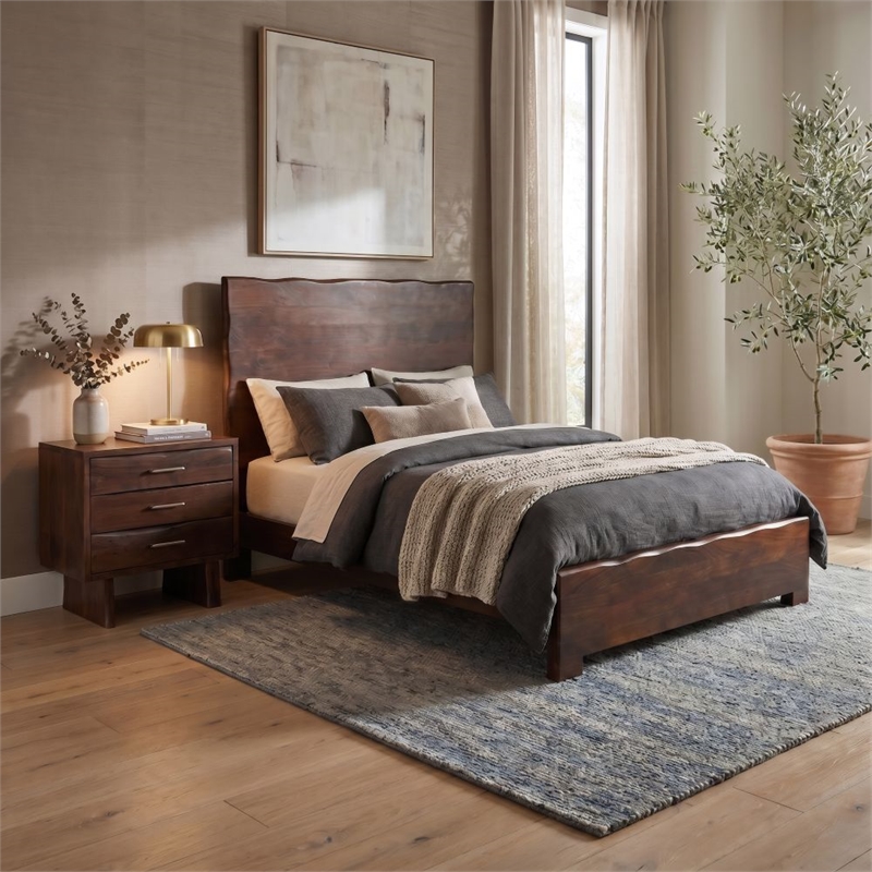 Werrick Live Edge Modern Solid Wood Queen Panel Bed in Dark Brown