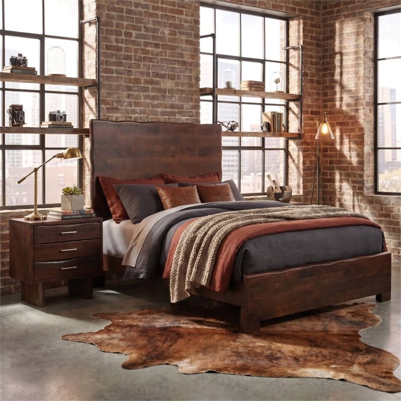 Werrick Live Edge Modern Solid Wood King Size Panel Bed in Dark Brown
