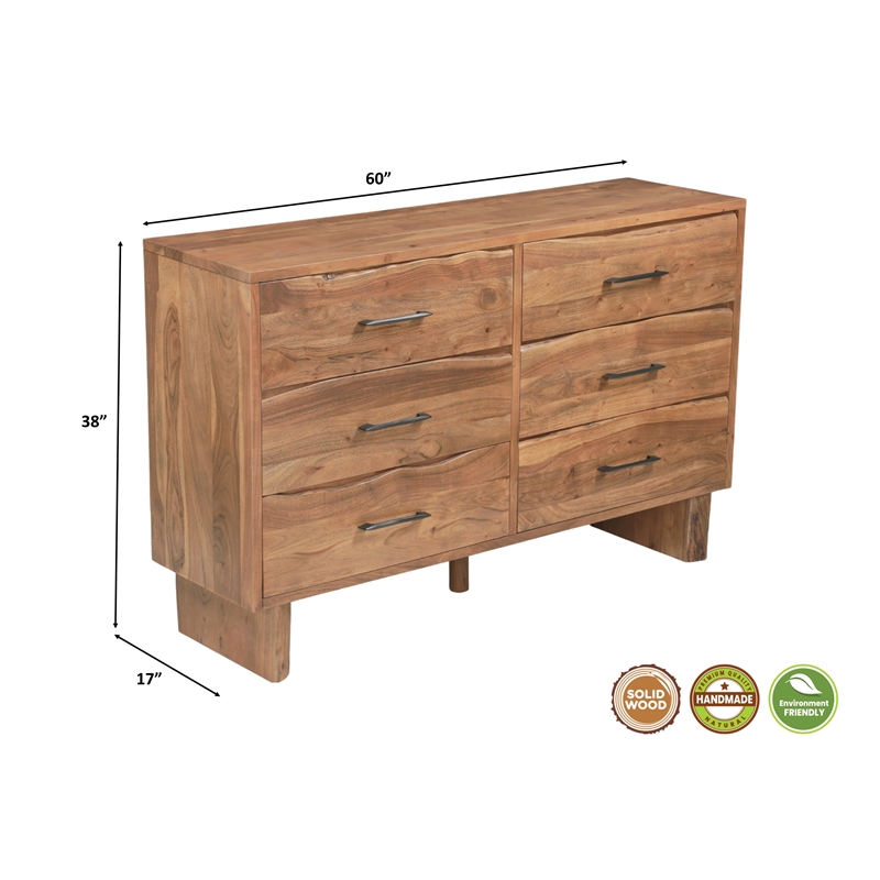 Werrick 6-drawer Live Edge Solid Wood Dresser in Brown 60 Inches Long