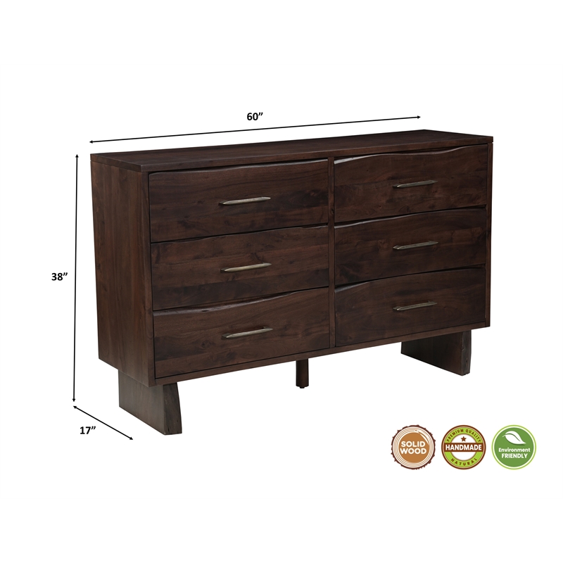 Werrick 6-drawer Live Edge Solid Wood Dresser in Dark Brown 60 Inches Long