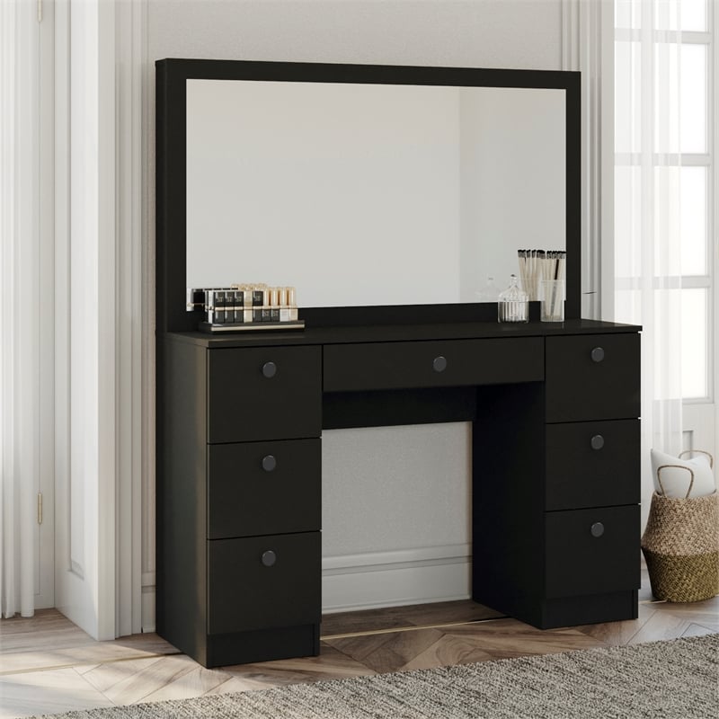 Boahaus Artemisia 7-Drawer Modern Wood Dressing Table with Mirror in Black