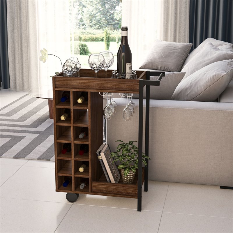 Boahaus Bristol Modern Wood Bar Cart with Rolling Casters in Dark Brown