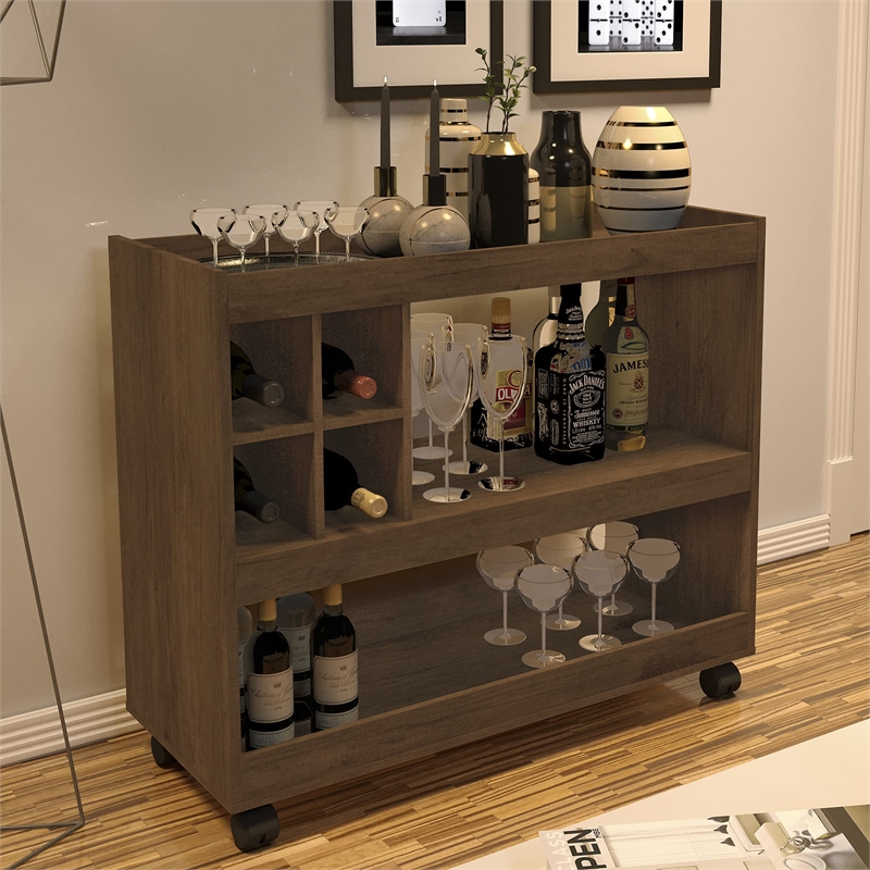 Boahaus Swansea 4-Rack Modern Wood Bar Cart with Lockable Casters in Dark Brown