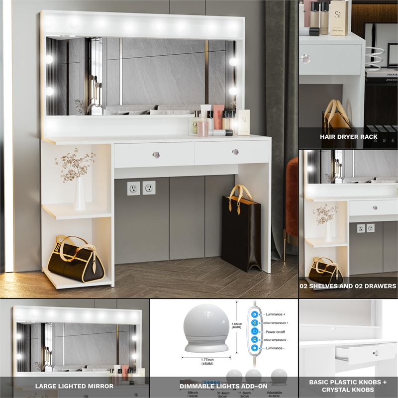 Boahaus Aine 2-Drawer Modern Wood Lighted Vanity with Mirror in White
