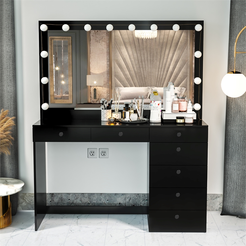 Boahaus Diana 7-Drawer Modern Wood Dressing Table with Mirror in Black
