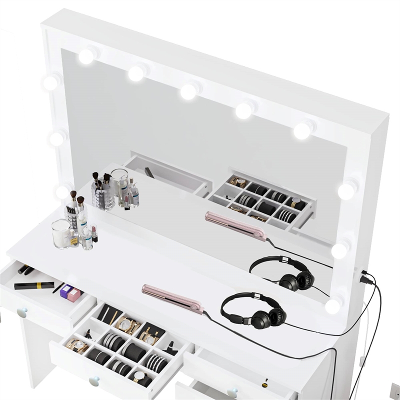 Boahaus Diana 7-Drawer Modern Dressing Table with Mirror and Lights White