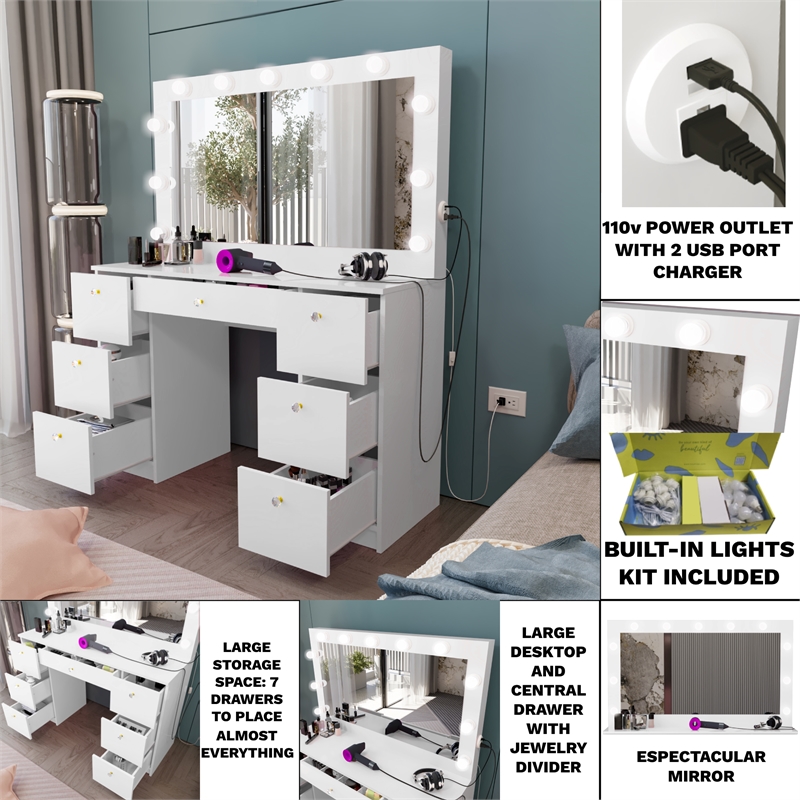 Boahaus Freya 7-Drawer Modern Wood Vanity with Light Bulbs in White