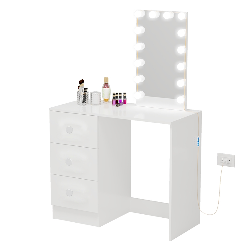 Boahaus Iris 3-Drawer Modern Wood Dressing Table with Light Bulbs in White