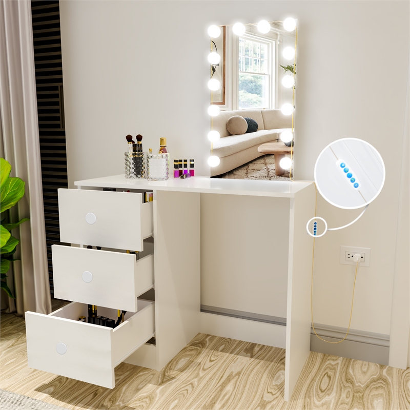 Boahaus Iris 3-Drawer Modern Wood Dressing Table with Light Bulbs in White
