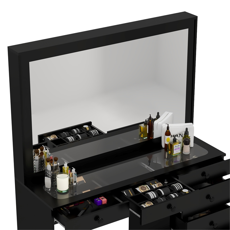 Boahaus Jane 7-Drawer Modern Wood Dressing Table with Mirror in Black