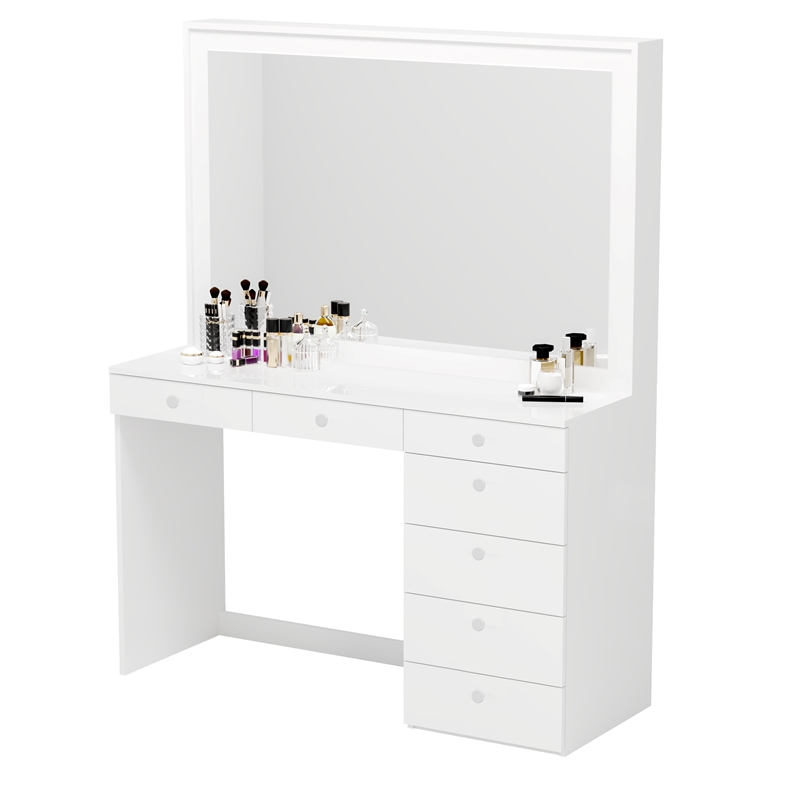 Boahaus Joan 7-Drawer Modern Wood Dressing Table with Mirror in White