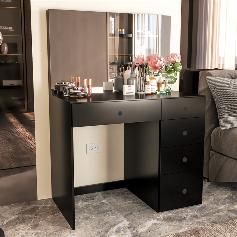 Boahaus Matilda Black Vanity Makeup Desk with 5 Drawers Basic Knobs