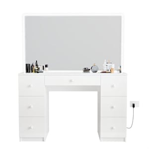 Boahaus Sabrina 7-Drawer Modern Wood Lighted Vanity with Mirror in White